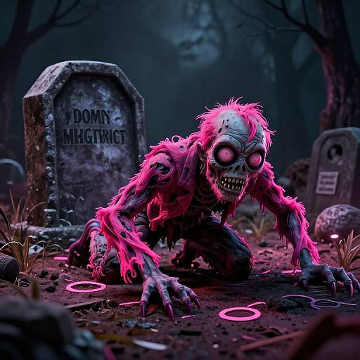 Digital CGI image of a glowing pink zombie with wild hair, large eyes, sharp teeth, crouching in a dark, eerie graveyard with a 