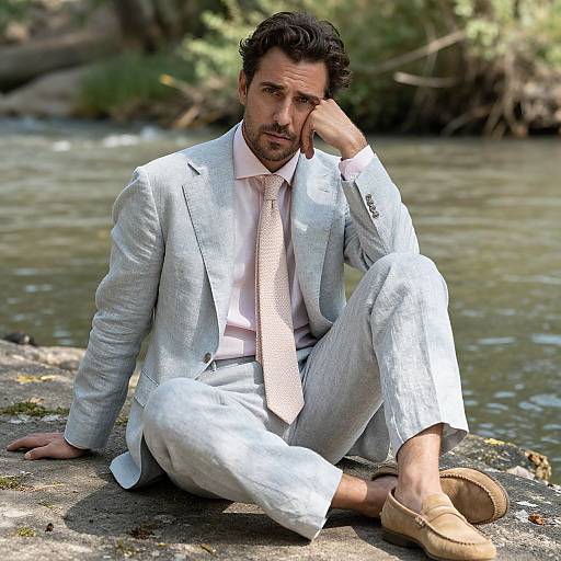 Photograph of a dark-haired, bearded man in a light grey suit, pink tie, and tan loafers, sitting by a flowing river.
