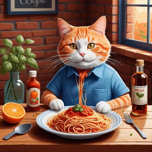 Cartoon Cat Eating Spaghetti