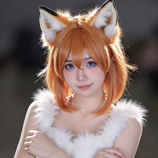 Photograph of a young woman with orange fox ears, blue eyes, and short red hair, wearing a white fur-trimmed top, smiling against