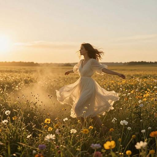 Photograph of a woman in a flowing white dress dancing in a sunlit field of wildflowers at golden hour, with a warm, glowing sunset in