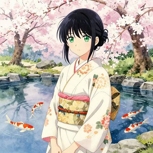 Anime Girl in Kimono by Koi Pond