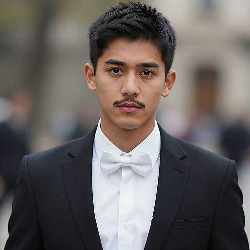 Photograph of a young Asian man with short black hair and a mustache, wearing a black suit and white dress shirt, standing against a blurred urban