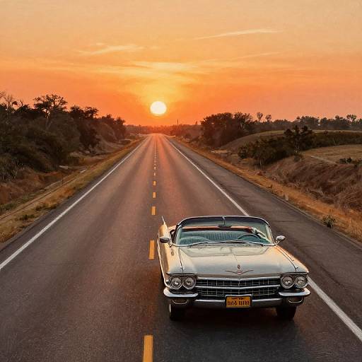 Photograph of a vintage white convertible driving down a deserted, straight road at sunset, with an orange sky and sun in the distance.