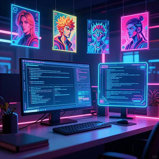 Neon-lit office desk with two glowing monitors displaying code, surrounded by vibrant, colorful anime portraits hanging above. Cyberpunk aesthetic.
