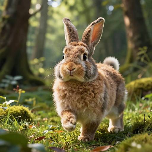 Photograph of a fluffy, brown and white rabbit with upright ears, standing in a sunlit, mossy forest, surrounded by greenery and blurred