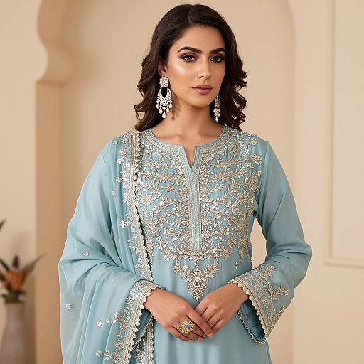 Photograph of a beautiful South Asian woman with dark wavy hair, wearing an intricately embroidered light blue traditional kameez, silver jhumkas