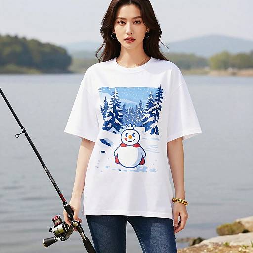Photograph of a young woman with long dark hair, wearing a white graphic T-shirt with a snowman and pine trees, blue jeans, and holding