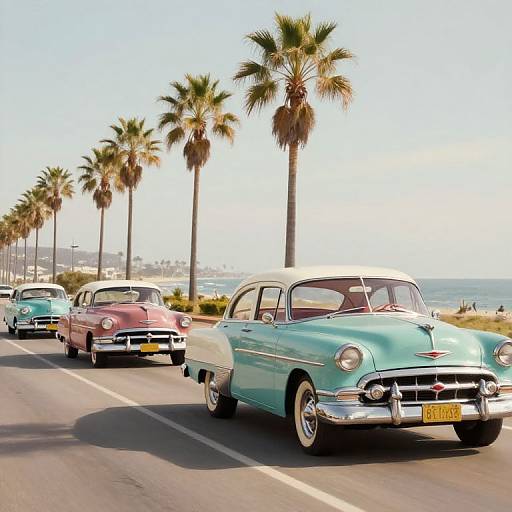 Photograph of three vintage cars, including a teal and white Chevy Bel Air, driving on a palm-lined coastal road with ocean in the background.