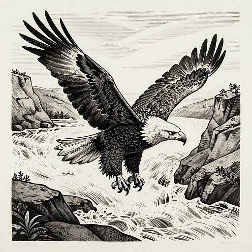 Monochrome Linocut Bald Eagle Gorge