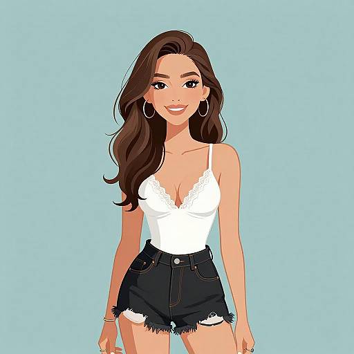 Digital illustration of a smiling young woman with long brown hair, wearing a white lace-trimmed tank top and frayed black denim shorts, against a