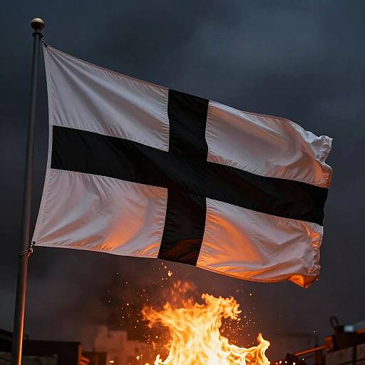 Black Cross Flag in Smoky Firelight