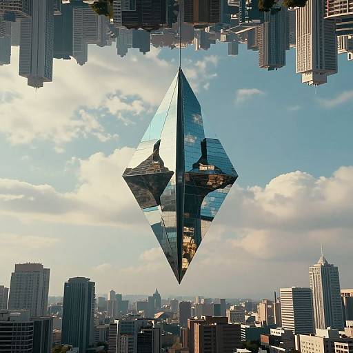 Photorealistic CGI of a reflective, diamond-shaped skyscraper suspended amidst a cityscape of towering buildings under a blue, cloudy sky.