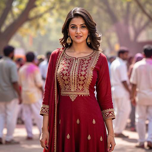 Photograph of a beautiful Indian woman with dark hair, wearing a red embroidered traditional outfit, standing in a sunlit outdoor gathering with blurred attendees in the