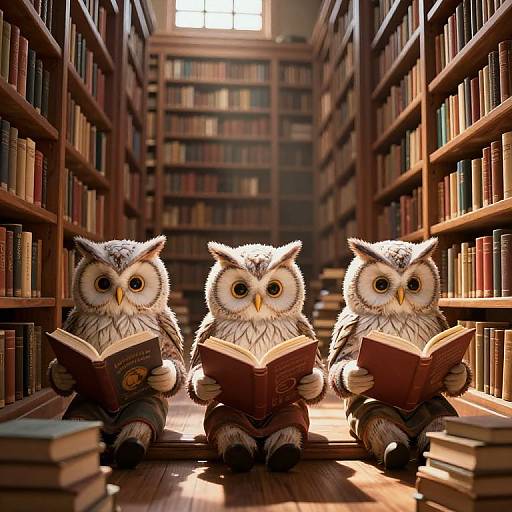 Photorealistic CGI of three anthropomorphic owls with fluffy feathers, large eyes, and yellow beaks, sitting in a sunlit library aisle,