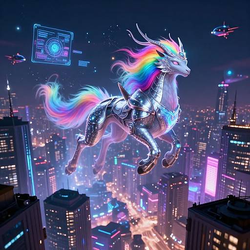 Digital art of a metallic, rainbow-maned unicorn soaring above a neon-lit, futuristic cityscape with hovering drones and glowing skyscrapers.