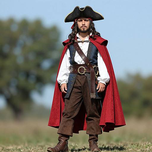 Photograph of a young man in a pirate costume: black tricorn hat, red cape, white shirt, brown pants, brown boots, standing outdoors