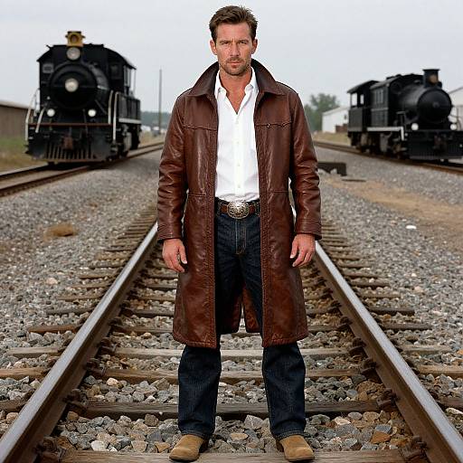 Photograph of a bearded man in a brown leather coat, white shirt, and jeans standing on railroad tracks with two black steam locomotives in