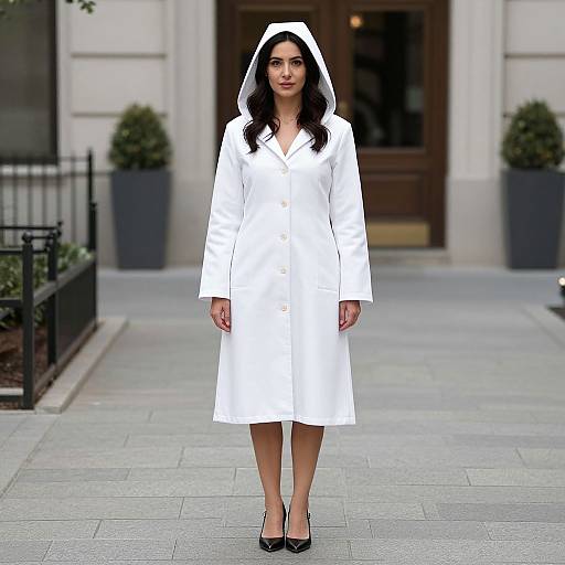 Photograph of a woman with long black hair, wearing a white hooded coat and black heels, standing on a city sidewalk.