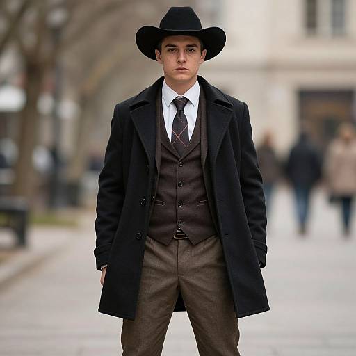 Photograph of a young white man in a black hat, brown three-piece suit, white shirt, black tie, and black overcoat, standing in