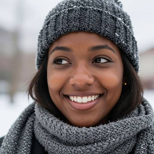 Close-up photograph of a smiling African-American woman with dark skin, wearing a gray knit beanie and matching scarf, against a snowy, blurred background.