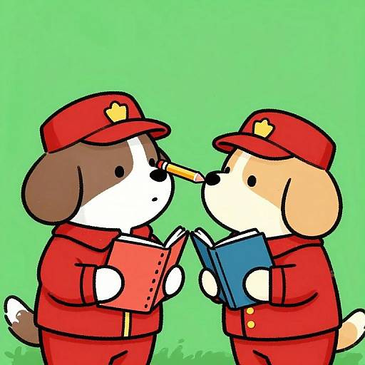 Cute cartoon dogs in red uniforms with hats, one with a brown and white face reading a red book, the other with a beige face reading a