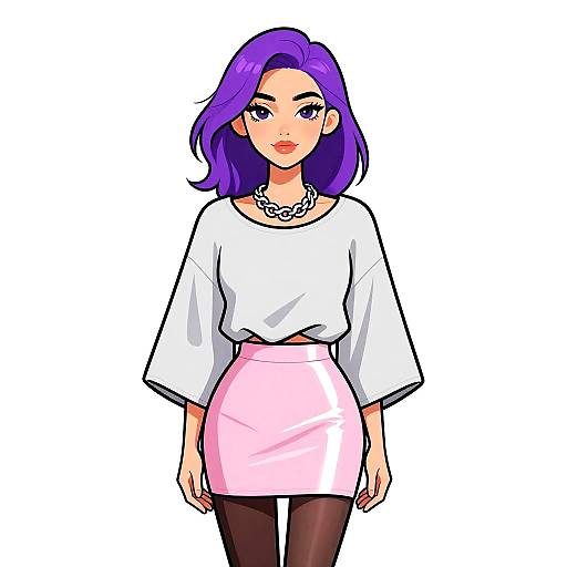 Digital anime-style drawing of a woman with vibrant purple hair, white loose top, pink skirt, black tights, and silver necklace.