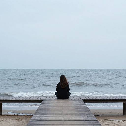 Solitary Woman Sitting on Wooden Walkway by the Sea