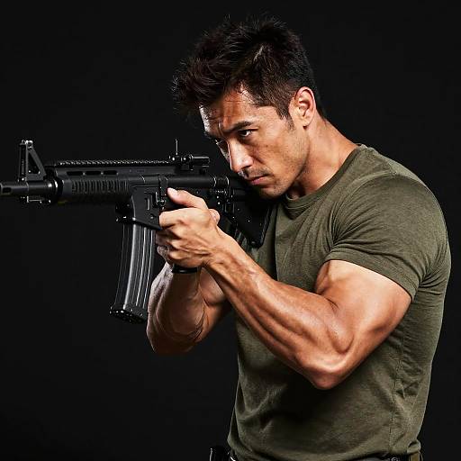 Muscular Man Aiming Rifle in Dark