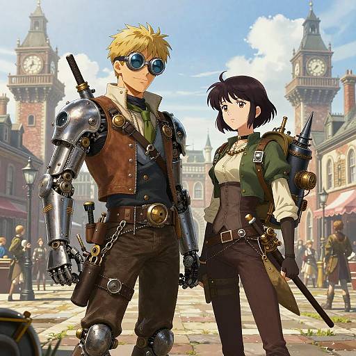 Steampunk Adventurers in Victorian City Square