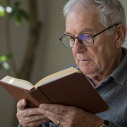 Photograph of an elderly white man with gray hair, glasses, and a gray sweater, intently reading a brown book. Blurred green leaves in