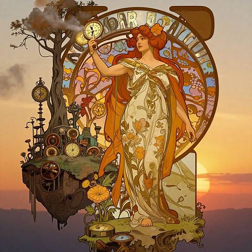 Digital art of a red-haired, fair-skinned woman in a floral dress, holding a clock, surrounded by clocks and flowers, set against a sunset