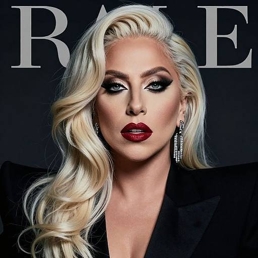 Photograph of a blonde woman with voluminous waves, bold red lipstick, dramatic black eyeliner, silver earrings, and a black blazer against a