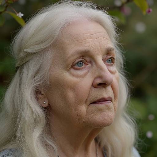Photograph of an elderly woman with long, white hair, fair skin, and blue eyes, looking upwards with a serene expression, surrounded by green foliage