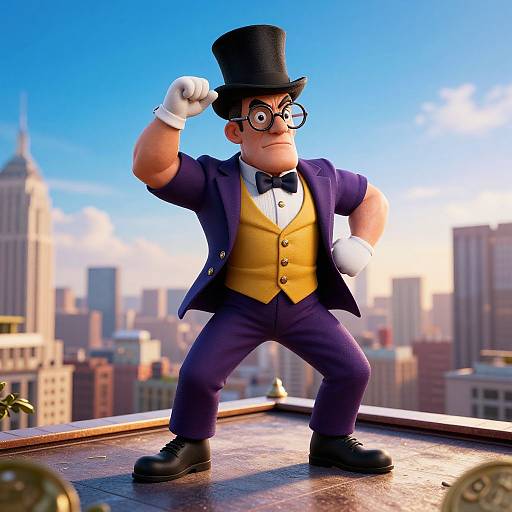 CGI image of a cartoonish, muscular man in a top hat, glasses, yellow vest, blue suit, black shoes, and bow tie,
