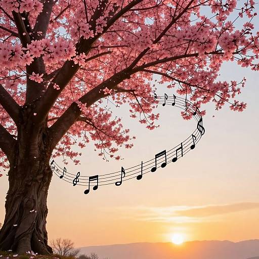 Photograph of a large cherry blossom tree with pink flowers, silhouetted branches, musical notes strung, and a sunsetting sky in the