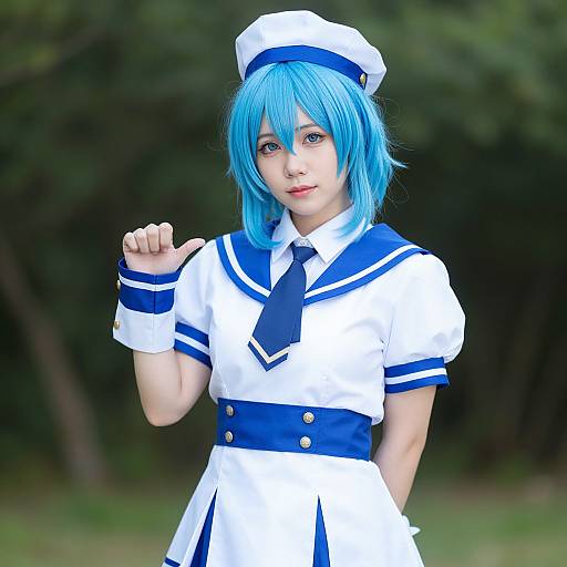 Photograph of a young woman with blue hair in a white and blue anime-style sailor uniform, standing outdoors with a forest background. She waves with a