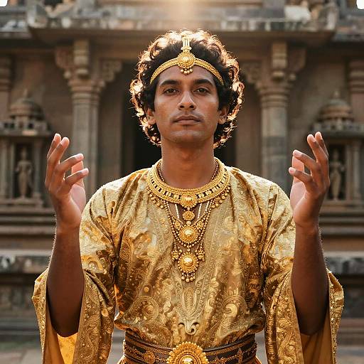 Man in Gold Robes at Ancient Temple