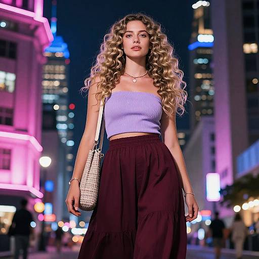 Photograph of a confident woman with long curly blonde hair, wearing a light blue crop top and maroon high-waisted skirt, carrying a white