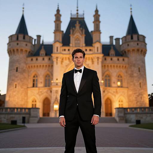 Photograph of a handsome man in a black tuxedo with a bow tie, standing in front of a grand, illuminated castle at twilight.