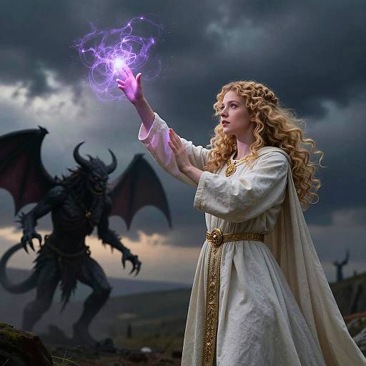 Photograph-style digital art of a blonde, curly-haired woman in a white, gold-trimmed robe, casting a glowing purple magic spell, with