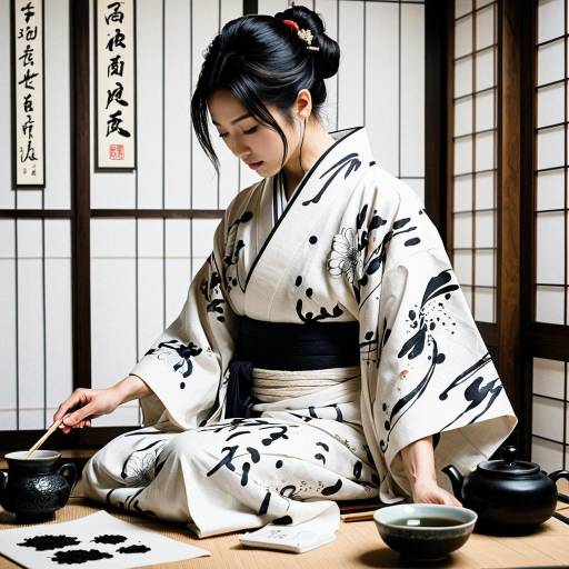 Japanese Calligrapher in Traditional Kimono