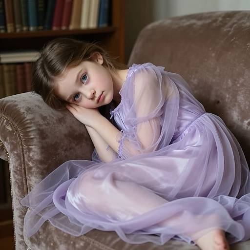 Photograph of a young girl with fair skin and blue eyes, wearing a translucent lavender dress, sitting on a brown velvet couch, with a blurred book