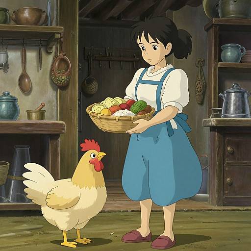 Digital anime-style drawing of a young girl in a white shirt and blue pinafore, holding a basket of vegetables, standing beside a white rooster