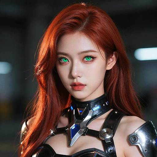 Digital portrait of an Asian woman with long red hair, green eyes, and metallic armor, illuminated by dramatic lighting.