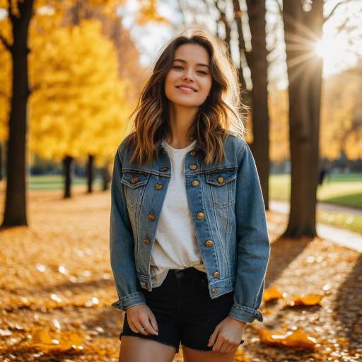 Young Woman in Denim Jacket in Autumn Park