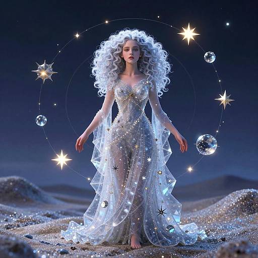 Digital artwork of a glowing, ethereal woman with curly white hair in a starry, silver gown, surrounded by floating stars and planets, standing in