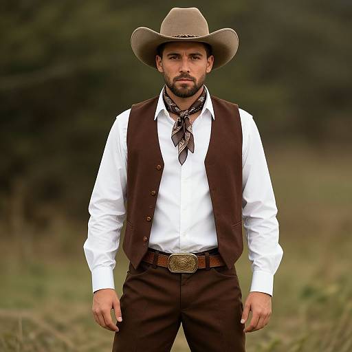 Photograph of a bearded man in a white shirt, brown vest, and cowboy hat, with a patterned neckerchief, standing in a