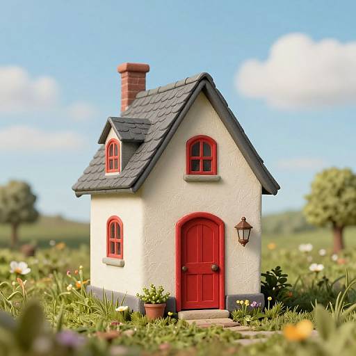Whimsical, white cottage with red doors and windows, gray shingled roof, brick chimney, and a lantern, surrounded by a vibrant,