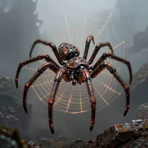Photorealistic close-up of a shiny black and orange spider with glowing web, set against a misty, rocky background.